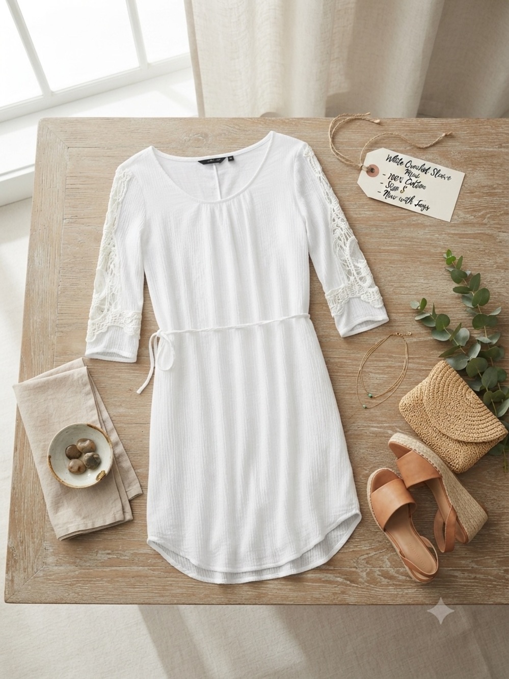 Mlle Gabrielle White Lace-Sleeve Cotton Dress